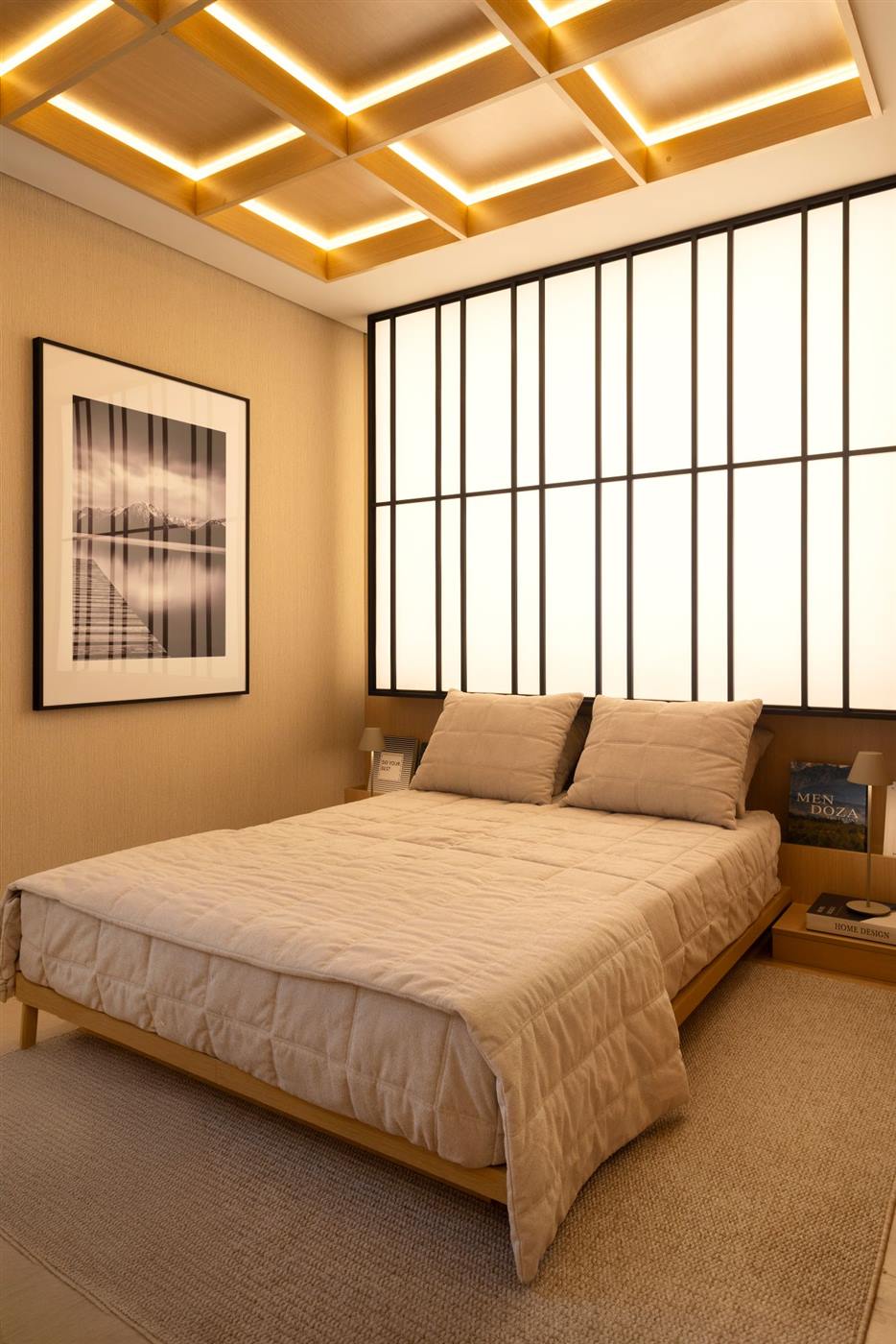 RYOKAN Flamboyant: studio decorado com forro de madeira iluminado e painel shōji